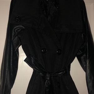 Stylish Black Wool Blend & Faux Leather Pea Coat